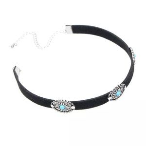 Black Boho Choker Necklace with Silver Concho